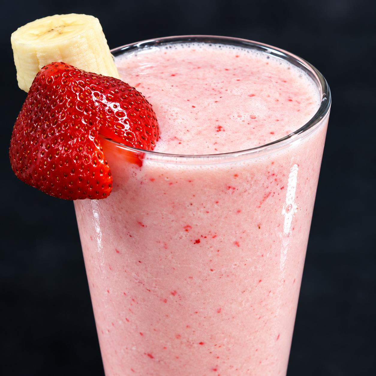 Strawberry banana licuado in a tall glass