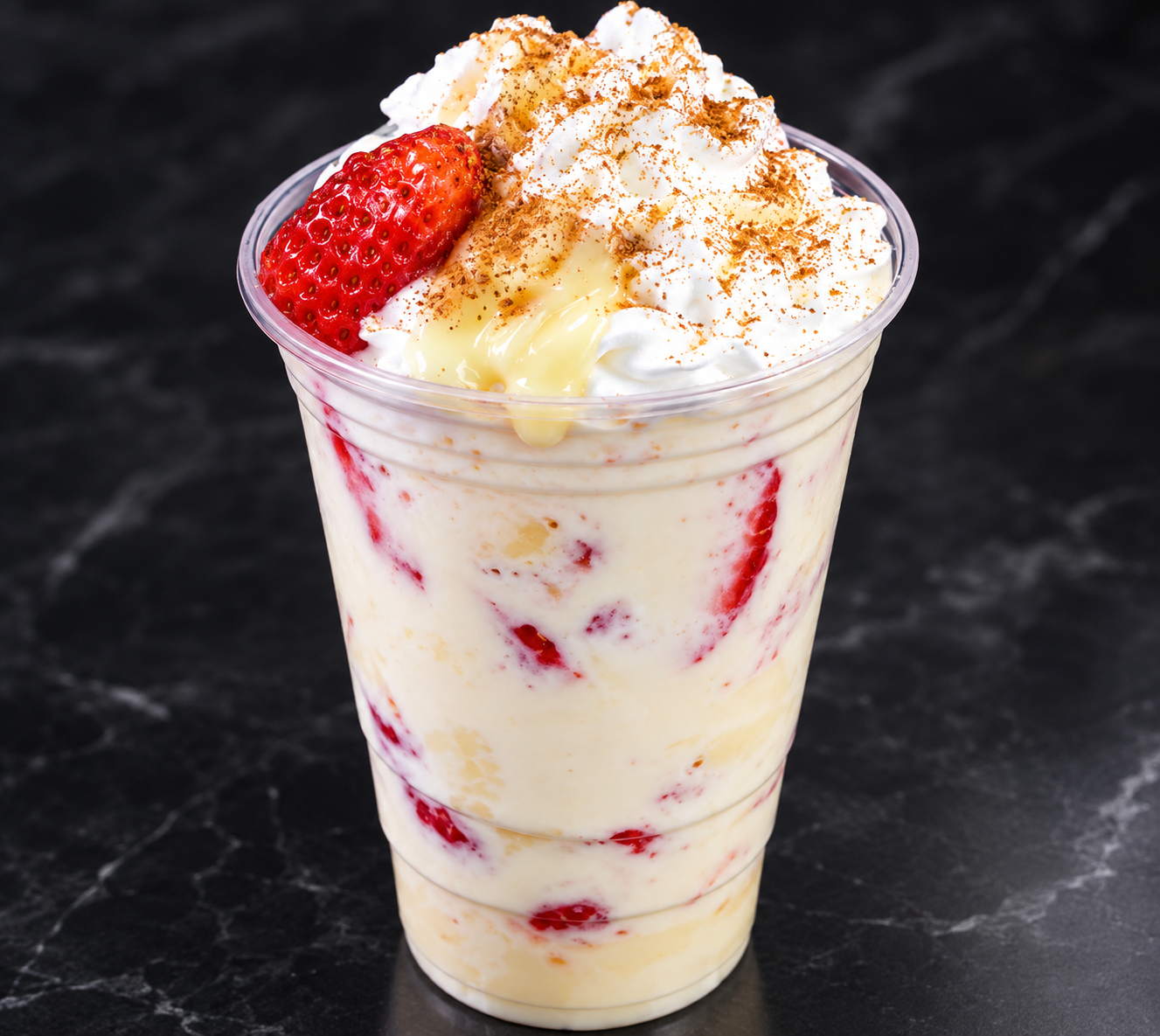 Strawberries and cream drink topped with whipped cream and cinnamon