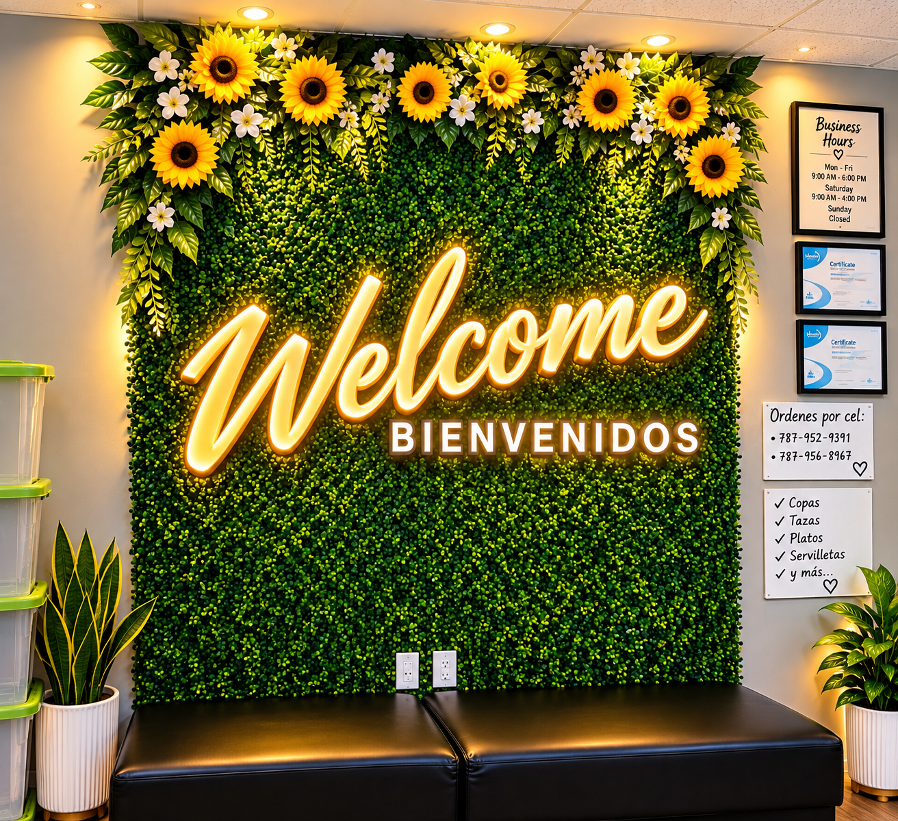 Welcome Bienvenidos floral wall inside El Sazón de Mamá