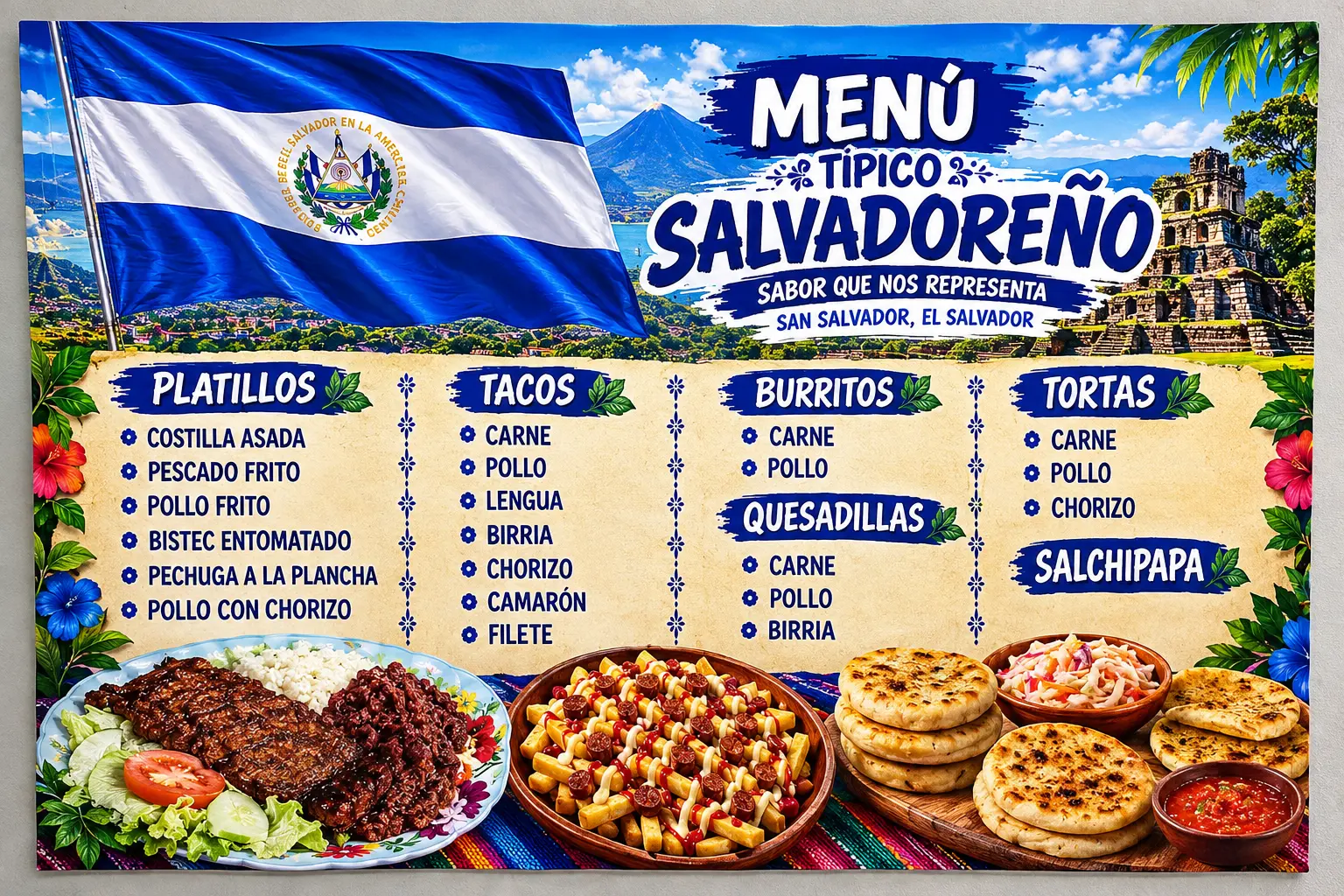 Menú típico salvadoreño board listing platillos, tacos, burritos, quesadillas and tortas