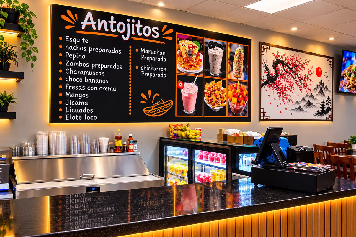 Antojitos menu board at El Sazón de Mamá listing esquite, licuados, elote loco and more