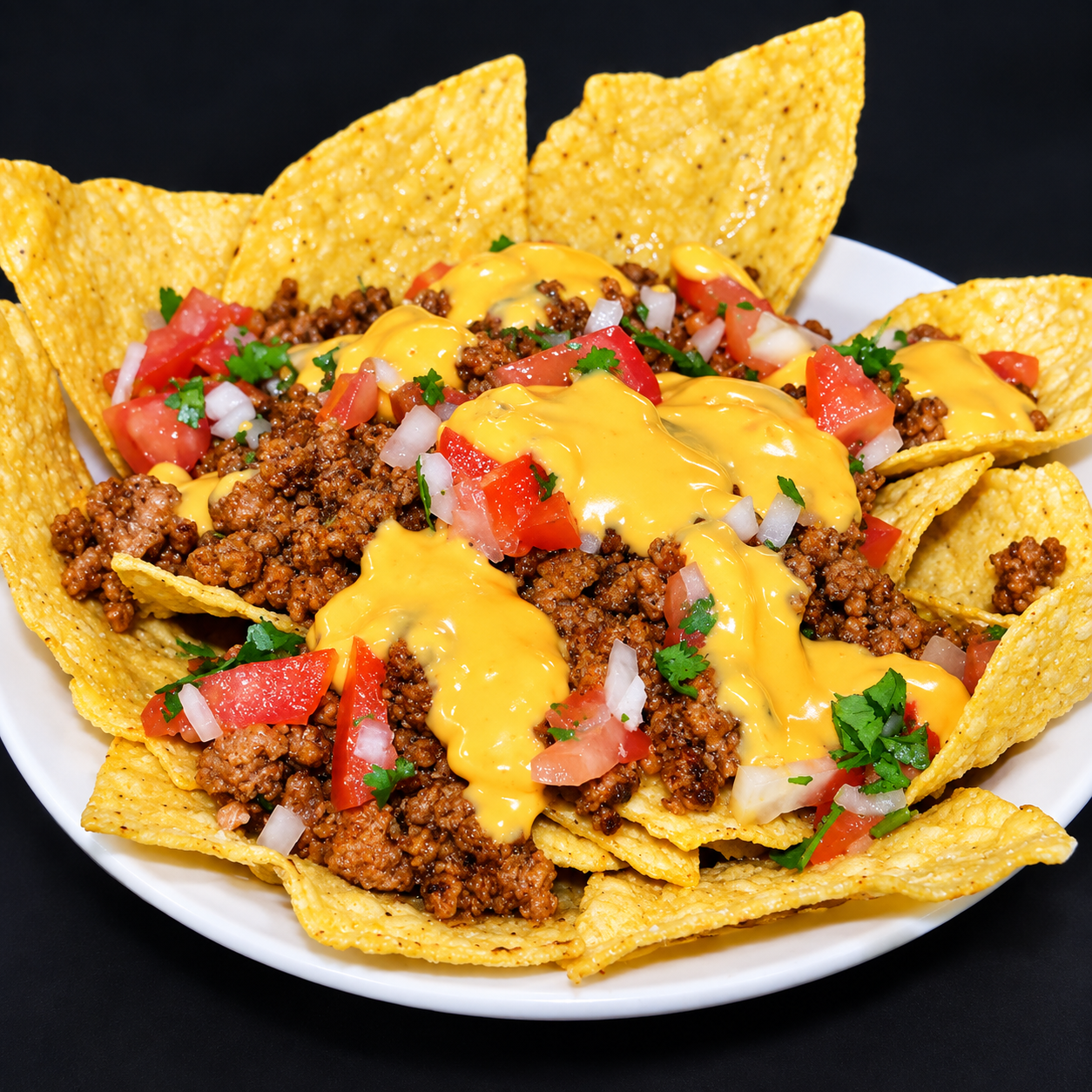 Nachos topped with seasoned beef, cheese sauce and pico de gallo