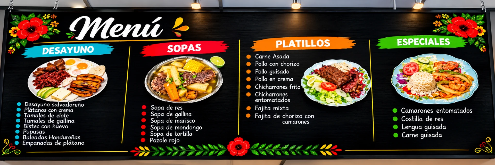 Menu board at El Sazón de Mamá listing desayuno, sopas, platillos and especiales