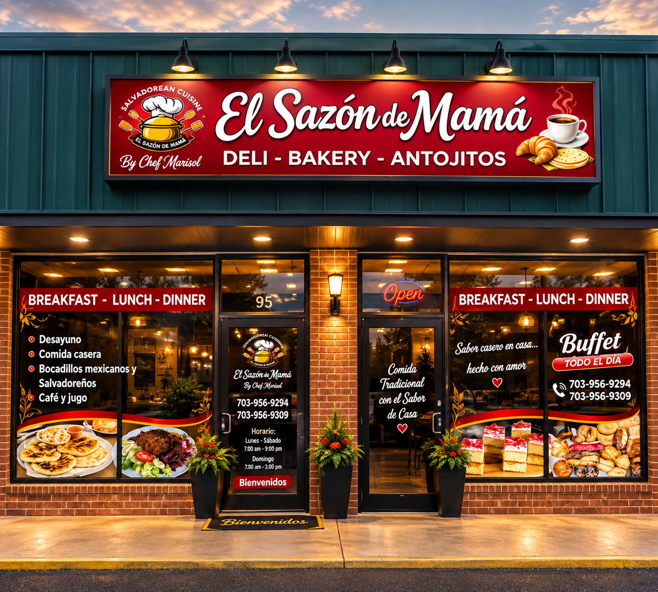 Storefront of El Sazón de Mamá deli, bakery and antojitos in Sterling, Virginia