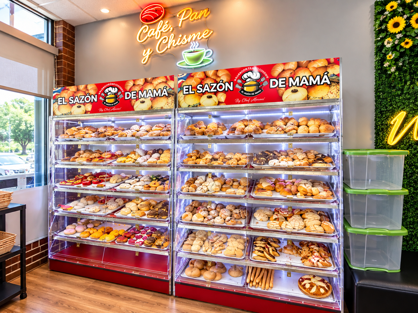 Café, Pan y Chisme bakery case filled with pan dulce at El Sazón de Mamá