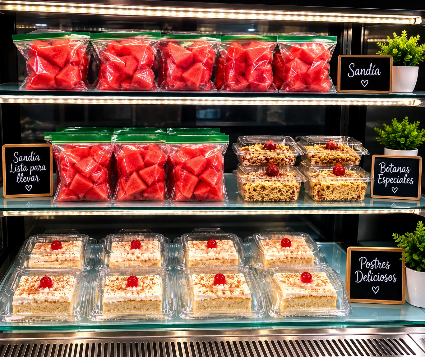 Display case with fresh watermelon to go, botanas especiales and tres leches desserts