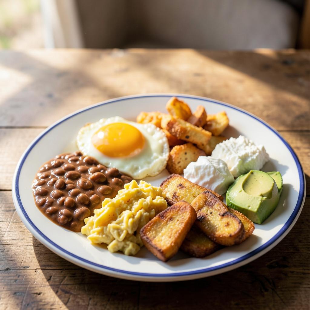 A hearty Salvadoran breakfast plate served at El Sazón de Mamá